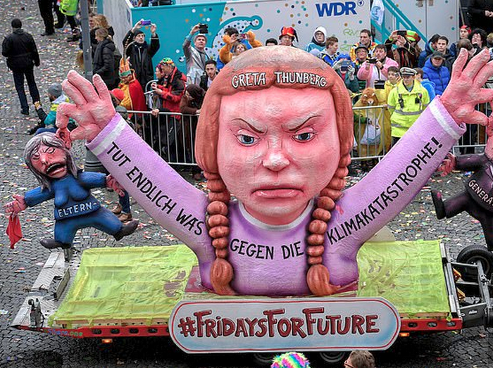 A float depicting Swedish climate activist Greta Thunberg during the annual Rose Monday parade in Duesseldorf, Germany, 24 February 2020. Rose Monday is the traditional highlight of the carnival season in many German cities