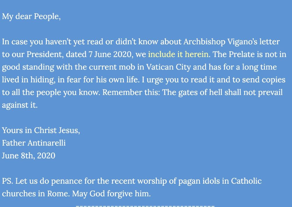 A screenshot of Fr. Ronald Antinarelli's June 8 post on the website of Our Lady of Victory Parish in Rochester, New York