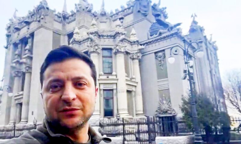 Ukrainian President Volodymyr Zelenskyy speaks to the nation via his smartphone in the center of Kyiv, Ukraine on Feb. 26, 2022. (Ukrainian Presidential Press Office via AP)