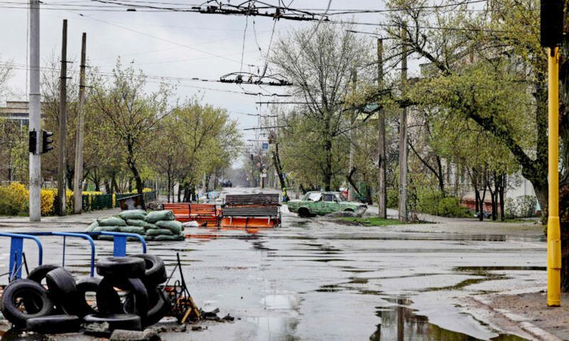 Remains of barricades are pictured in a street of Severodonetsk as Russian troops intensified a campaign to take the strategic port city of Mariupol, part of an anticipated massive onslaught across eastern Ukraine,  in eastern Ukraine's Donbass region, on April 13, 2022. (Ronaldo Schemidt/AFP via Getty Images)