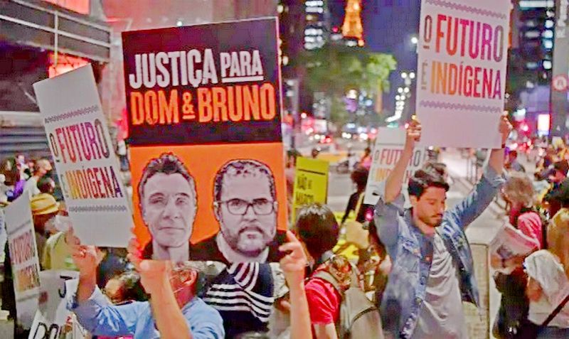 Brazilian Indigenous people protest over the murder of British journalist Dom Phillips and Brazilian Indigenous affairs specialist Bruno Pereira, in Sao Paulo, Brazil.