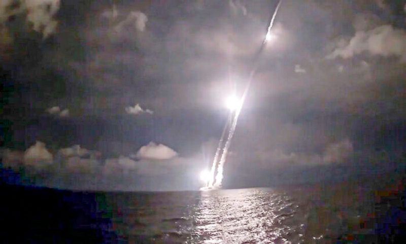 Intercontinental ballistic missiles are launched by the Vladimir Monomakh nuclear submarine of the Russian navy from the Sera of Okhotsk, Russia, on Dec. 12, 2020. (Russian Defense Ministry Press Service via AP)