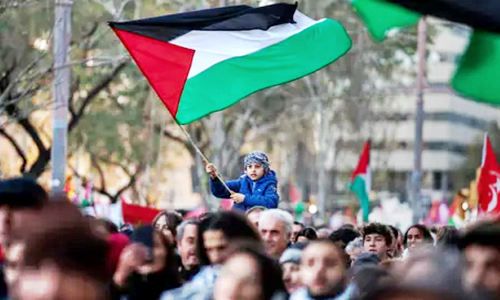 A boy waves a Palestinian flag as demonstrators march during a protest in  Barcelona, Spain