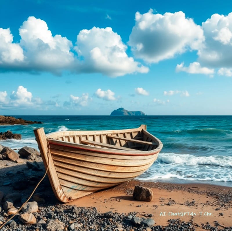 A ROWING-BOAT DRIFTED ONTO THE ROCKY BEACH